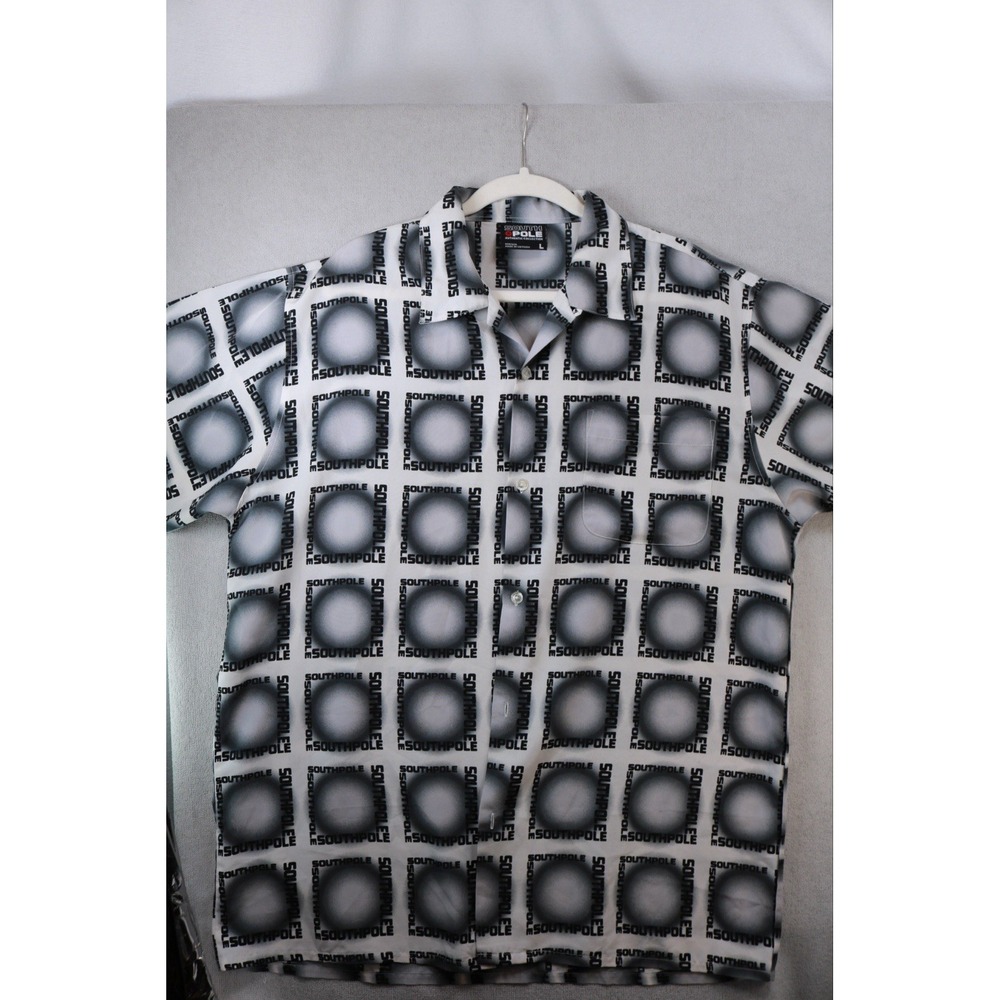 Southpole Mens Graphic Logo Print Button Up Shirt White Black Y2K Streetwear L